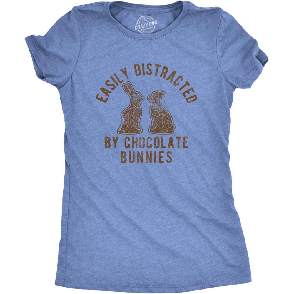 imageWomens Easter Shirts Funny Easter Candy Tees Chocolate and Candy Shirts for WomenLight Heather Blue Distracted By Bunnies