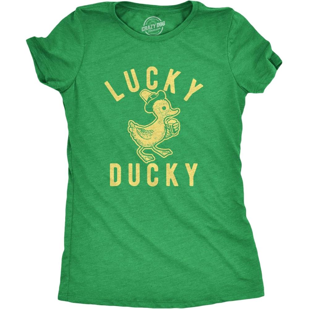 imageWomens Lucky Ducky T Shirt Funny Cute Vintage Novelty Bird Spring Tee for LadiesHeather Green