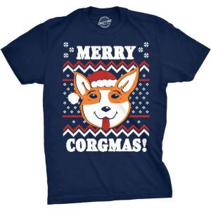 Mens Merry Corgmas T Shirt Funny Corgi Graphic Dog Ugly Christmas Sweater Tee(Navy)