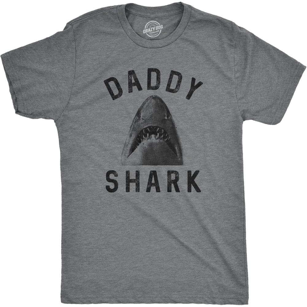 imageMens Daddy Shark T Shirt Funny Shark Face Chomp Jaws Fathers Day Graphic TeeDark Heather Grey