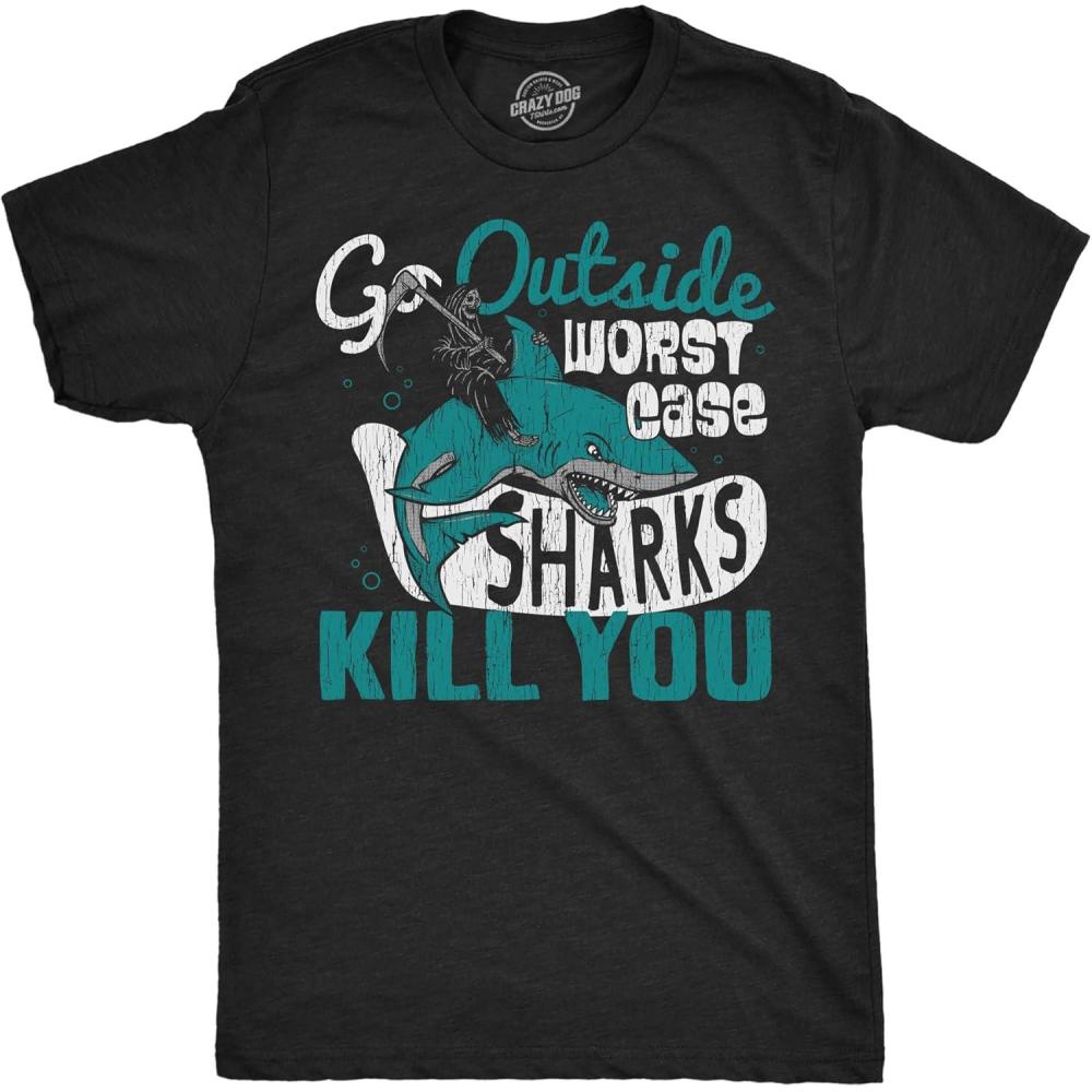 imageMens Go Outside Worst Case Sharks Kill You T Shirt Funny Shark Attack Outdoors Joke Tee for GuysHeather Black Sharks