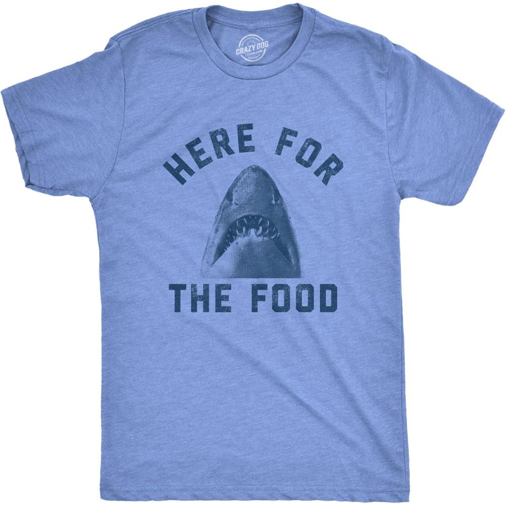 imageMens Here for The Food T Shirt Funny Shark Novelty Great White Graphic TeeLight Heather Blue