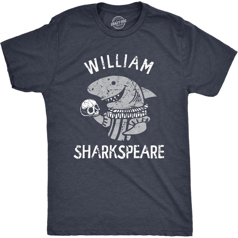 imageMens William Sharkspeare T Shirt Funny Shark Week Shakespeare Joke Tee for GuysHeather Navy Sharkspeare
