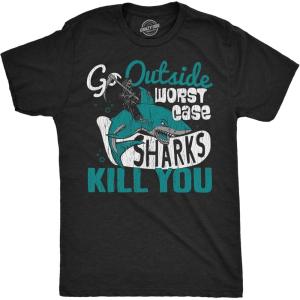 Mens Go Outside Worst Case Sharks Kill You T Shirt Funny Shark Attack Outdoors Joke Tee for Guys(Heather Black – Sharks)