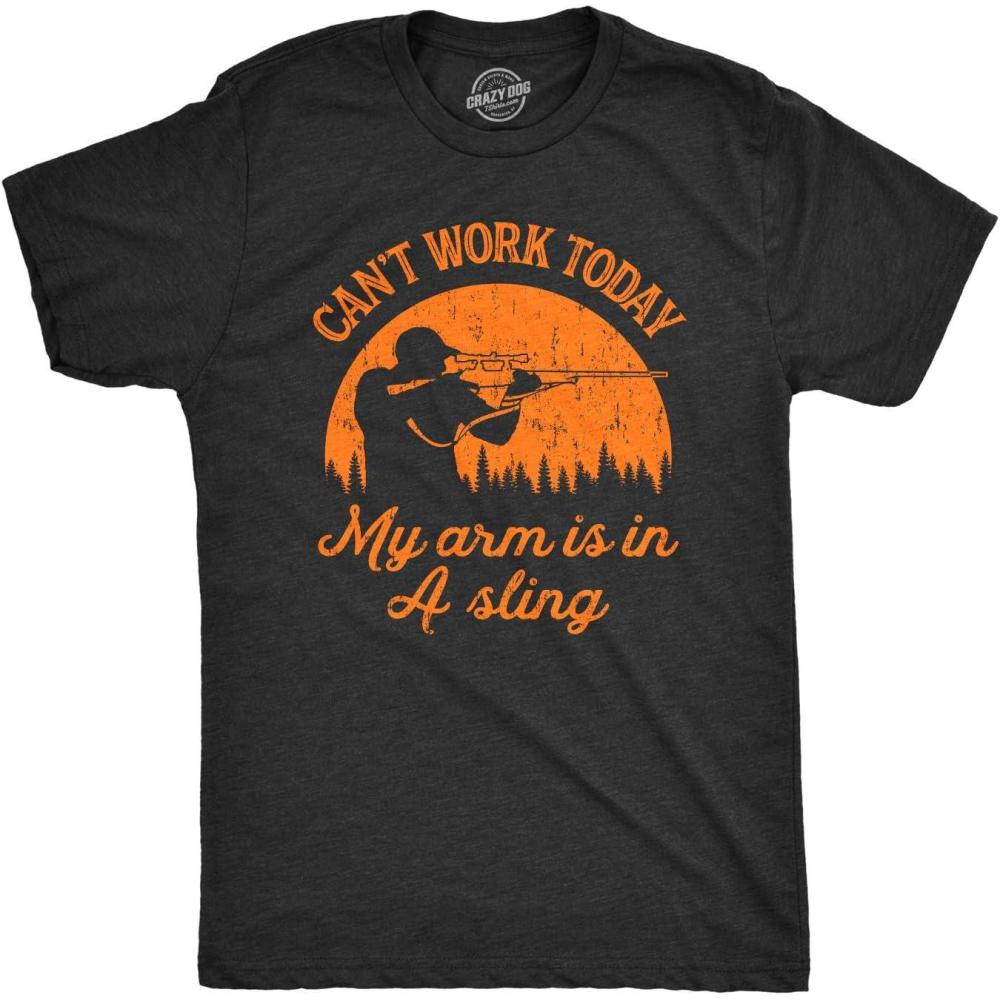imageMens Cant Work Today My Arm is in A Sling T Shirt Funny Hunting Deer Hunter GiftHeather Black