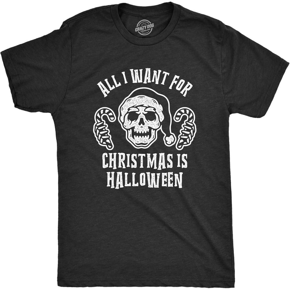 imageMens All I Want for Christmas is Halloween T Shirt Funny Candycane Skeleton TeeHeather Black