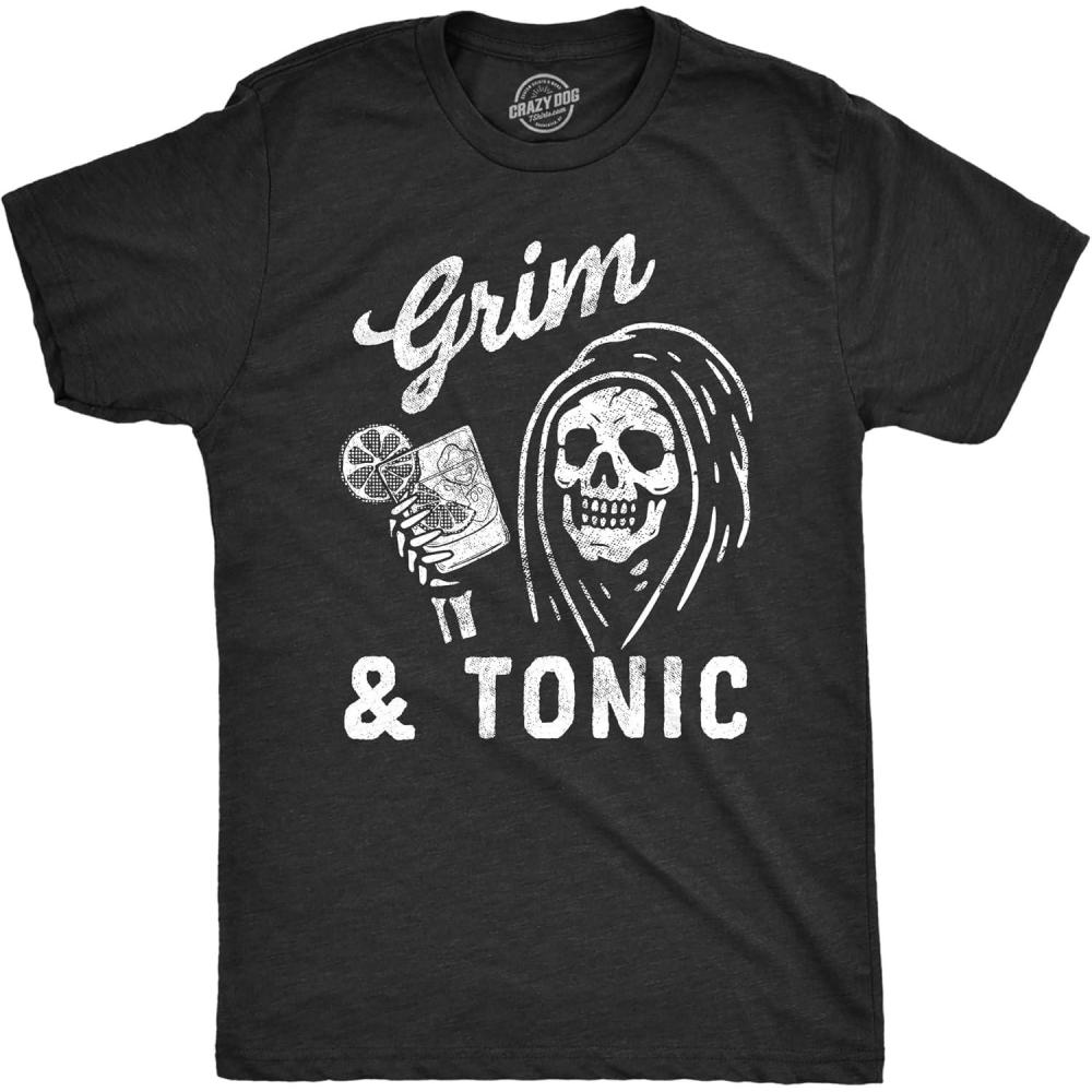 imageMens Grim and Tonic T Shirt Funny Spooky Halloween Reaper Mixed Drink Joke Tee for GuysHeather Black Grim