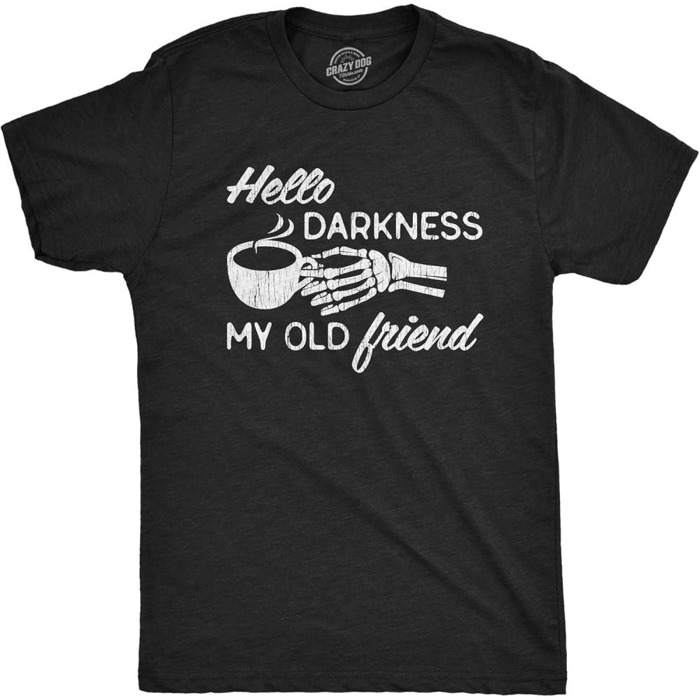 imageMens Hello Darkness My Old Friend T Shirt Funny Skeleton Coffee Lover Graphic TeeHeather Black