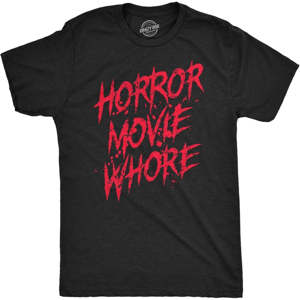 imageMens Horror Movie Whore T Shirt Funny Sarcastic Scary Movie Graphic Halloween TopHeather Black