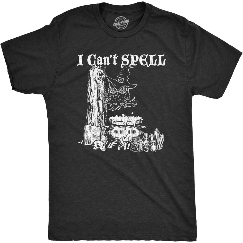 imageMens I Cant Spell T Shirt Funny Halloween Witch Owl Spelling Joke Tee for GuysHeather Black Spell