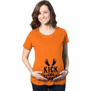 Maternity Kick Or Treat T Shirt Funny Halloween Pregnancy Announcement Tee(Orange)