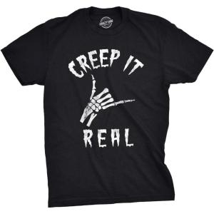 Mens Creep It Real T Shirt Funny Skeleton Halloween Shaka Tee(Black)