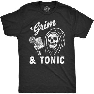 Mens Grim and Tonic T Shirt Funny Spooky Halloween Reaper Mixed Drink Joke Tee for Guys(Heather Black – Grim)