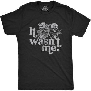 Mens It Wasn’t Me T Shirt Funny Angel Devil Skeleton Halloween Graphic Tee(Heather Black)