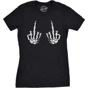 Womens Flipping The Bones Funny Skeleton Hands Middle Finger Halloween T Shirt(Black)