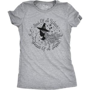 Womens Soul of A Witch Heart of A Hippie T Shirt Funny Halloween Tee(Light Heather Grey)