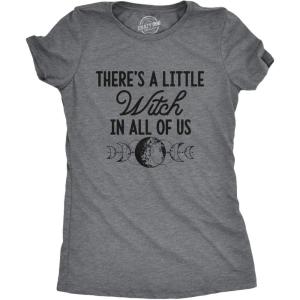 Womens There’s A Little Witch in All of Us T Shirt Funny Halloween Tee(Dark Heather Grey)