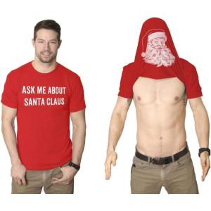 Mens Ask Me About Santa Claus T Shirt Funny Christmas Party Beard Flip Up Tee(Red)