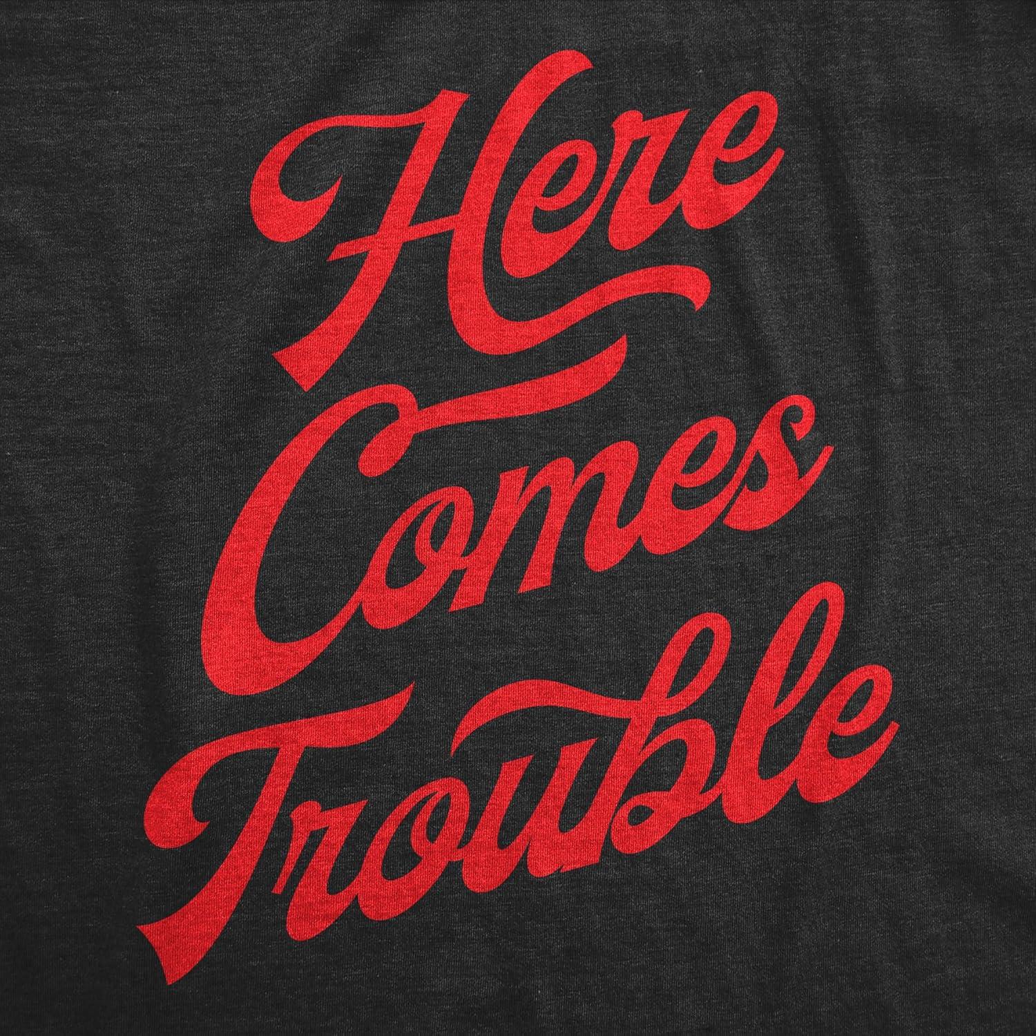 imageFunny Badass Womens T Shirts Cool Sarcastic Graphic Tees for Ladies with SassHeather Black Here Comes Trouble