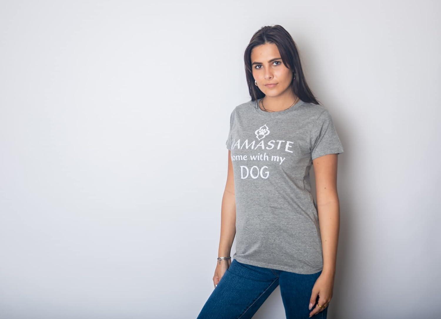 imageWomens Namaste Home with My Dog T Shirt Funny Yoga Puppy Owner Mom Ladies TeeDark Heather Grey