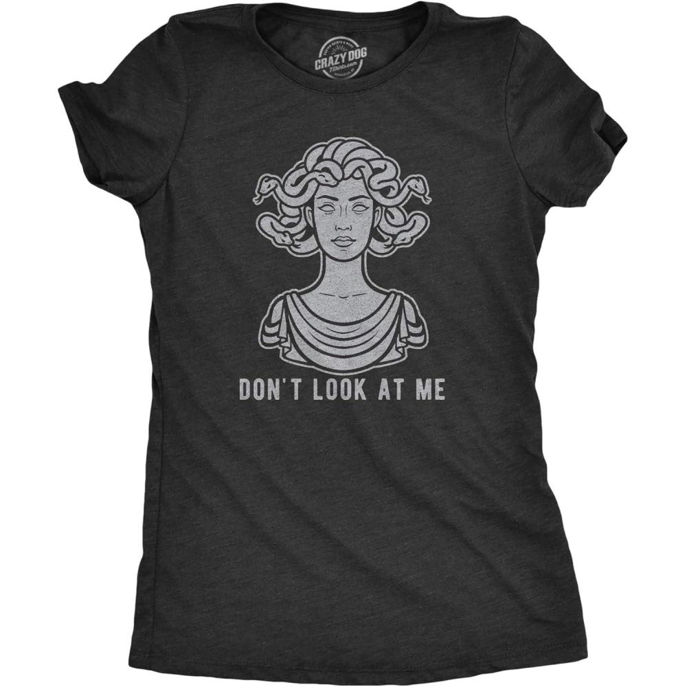 imageWomens Dont Look At Me Medusa T Shirt Funny Snake Hair Greek Mythology Novelty TeeHeather Black