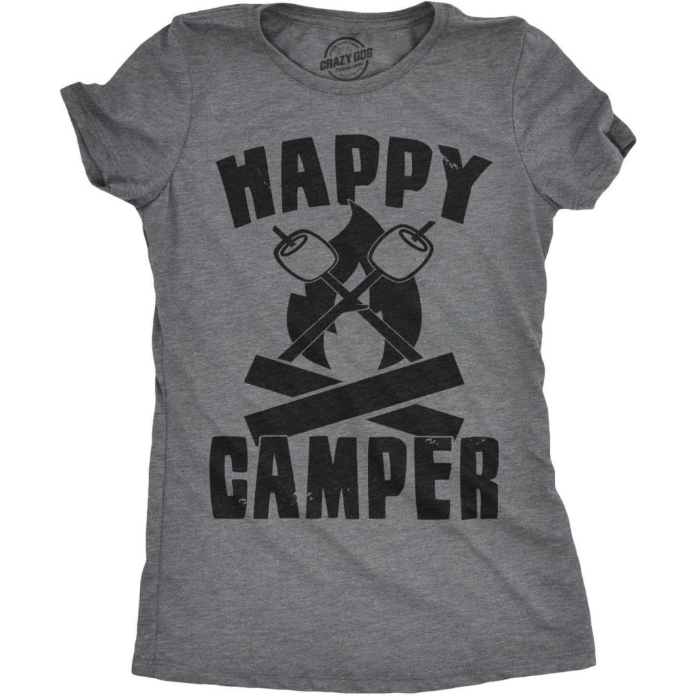 imageWomens Happy Camper Shirt Funny Camping Hiking Cool Vintage Graphic Tees RetroDark Heather Grey