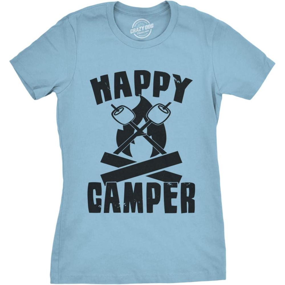 imageWomens Happy Camper Shirt Funny Camping Hiking Cool Vintage Graphic Tees RetroHeather Light Blue