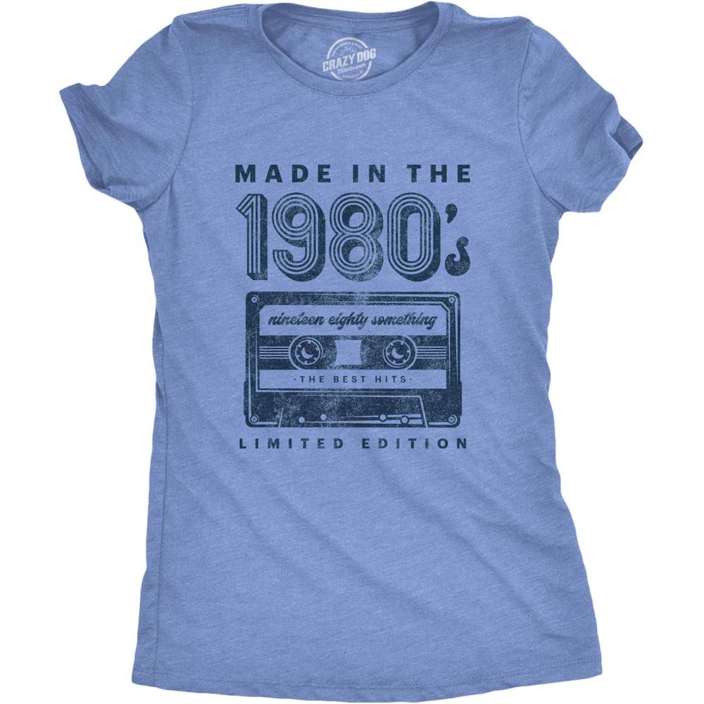 imageWomens Made in The 1980s T Shirt Funny Retro Cassette Tape Music Graphic TeeLight Heather Blue