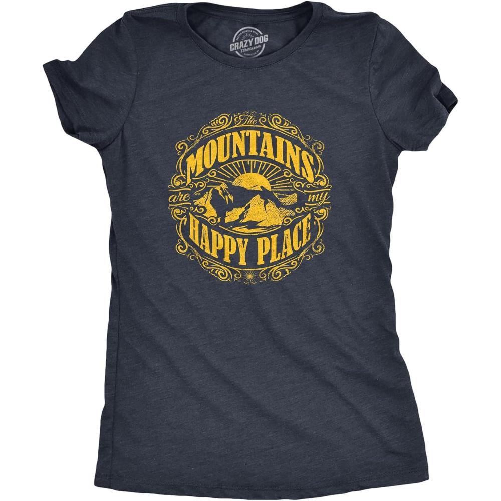 imageWomens Mountains are My Happy Place Cool Vintage Hiking Camping T Shirt GraphicNavy