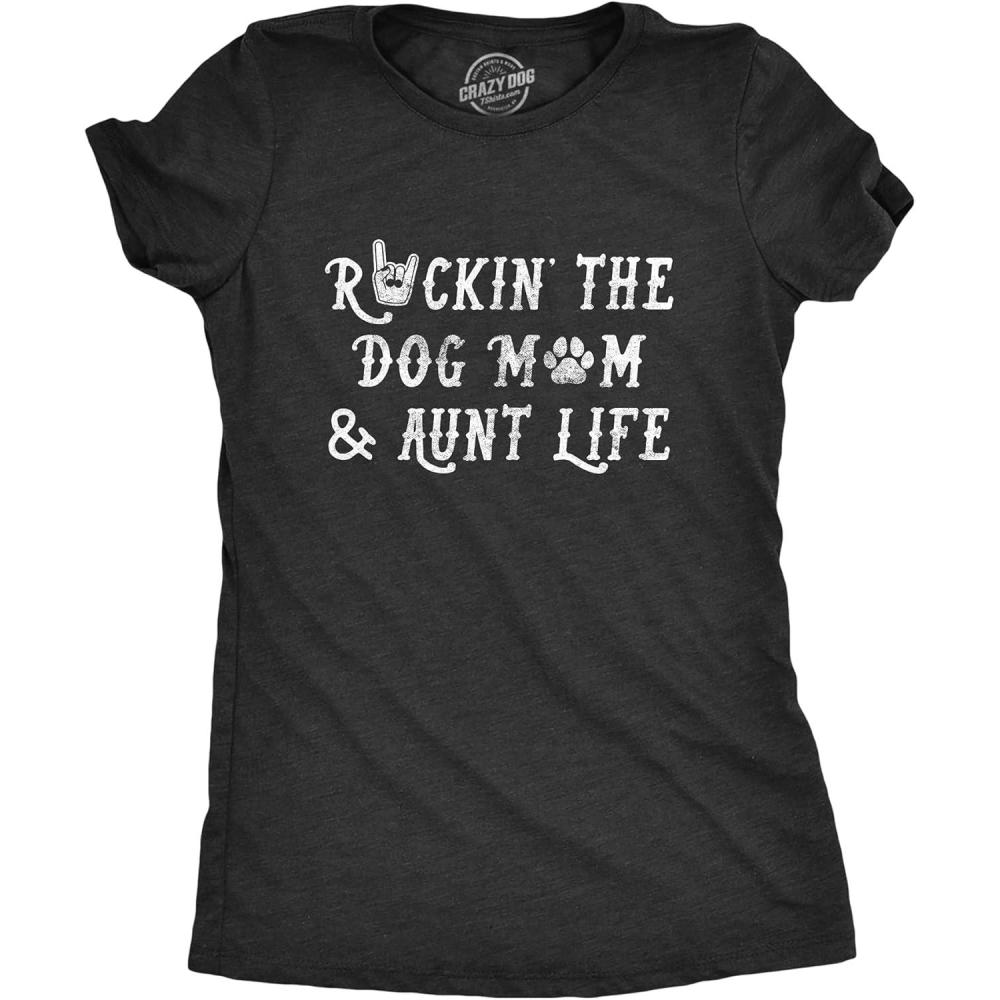 imageWomens Rockin The Dog Mom and Aunt Life T Shirt Funny Pet Puppy Lover Graphic Novelty TeeHeather Black