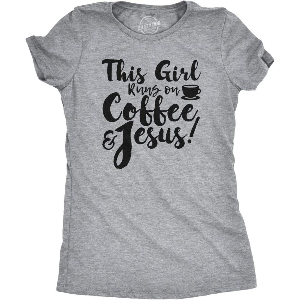 imageWomens This Girl Runs Off Coffee and Jesus T Shirt Funny Faith Church Cool TeeLight Heather Grey