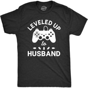 Mens Leveled Up to Husband T Shirt Funny Gamer Video Games Wedding Graphic Novelty Tee(Heather Black)