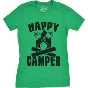Womens Happy Camper Shirt Funny Camping Hiking Cool Vintage Graphic Tees Retro(Green)