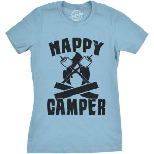 Womens Happy Camper Shirt Funny Camping Hiking Cool Vintage Graphic Tees Retro(Heather Light Blue)