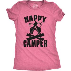 Womens Happy Camper Shirt Funny Camping Hiking Cool Vintage Graphic Tees Retro(Heather Pink)