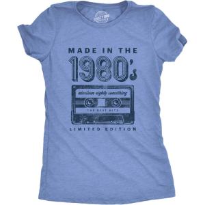 Womens Made in The 1980s T Shirt Funny Retro Cassette Tape Music Graphic Tee(Light Heather Blue)