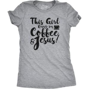 Womens This Girl Runs Off Coffee and Jesus T Shirt Funny Faith Church Cool Tee(Light Heather Grey)