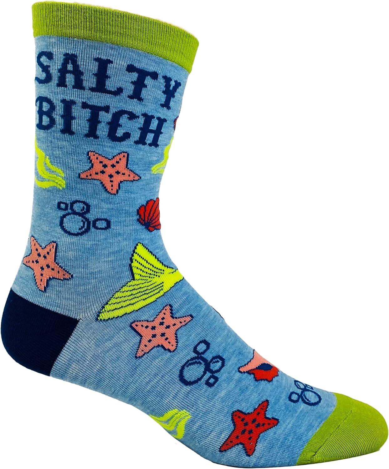 imageCrazy Dog TShirts Funny Mermaid Crew Socks for Women Salty Bitch Novelty OceanThemed Cotton Socks Beach Lover Gift with Starfish amp Shells