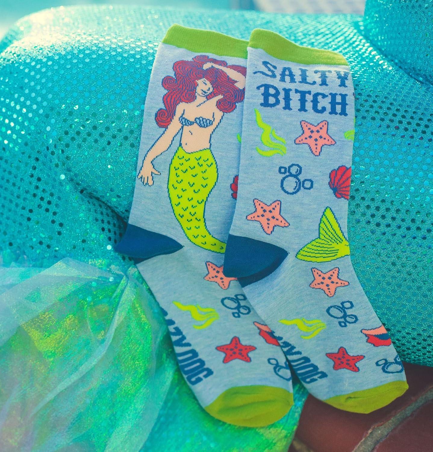 imageCrazy Dog TShirts Funny Mermaid Crew Socks for Women Salty Bitch Novelty OceanThemed Cotton Socks Beach Lover Gift with Starfish amp Shells