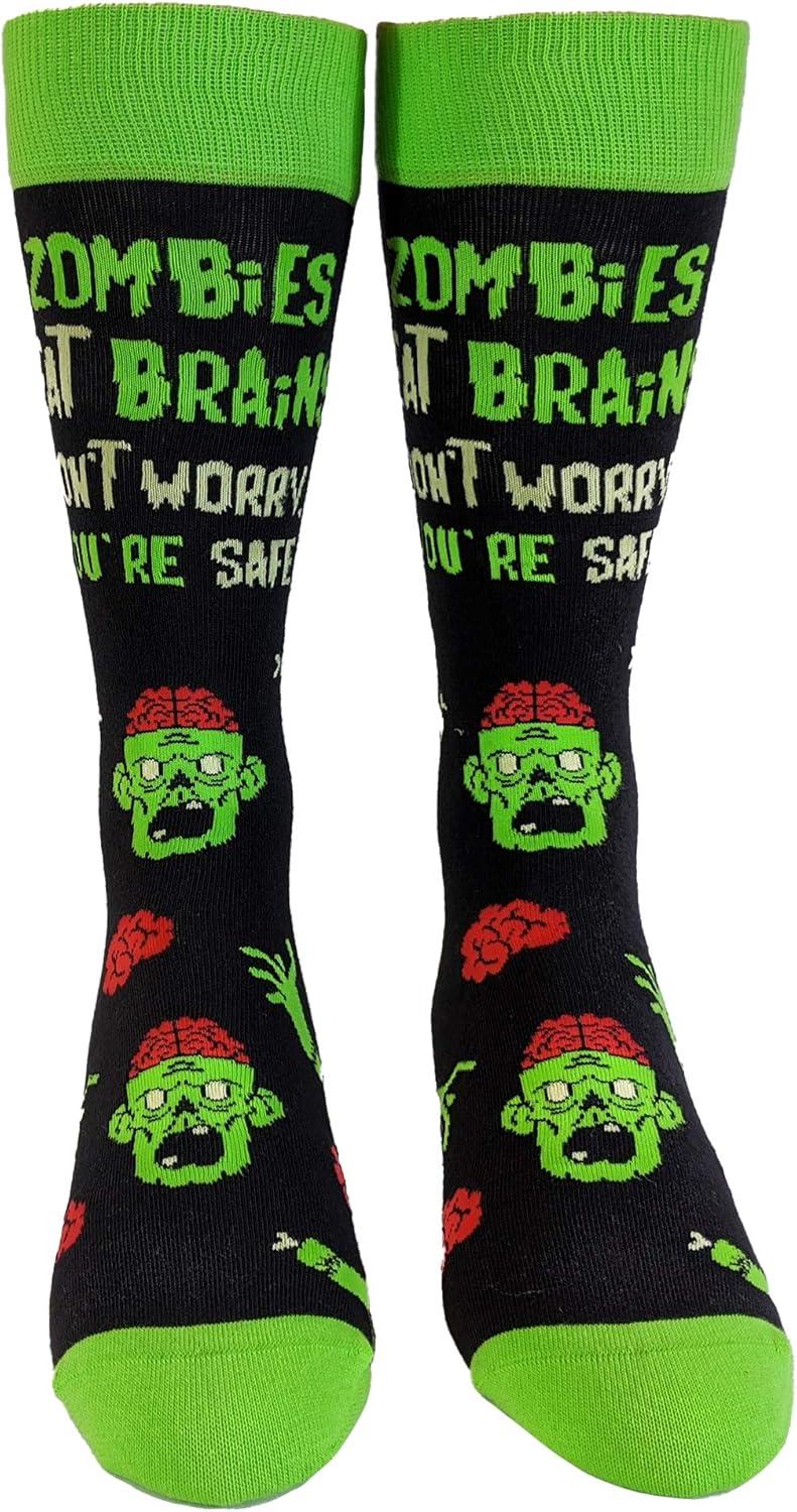 imageCrazy Dog TShirts Mens Halloween Socks Funny Spooky October Fall FootwearZombies Eat Brains