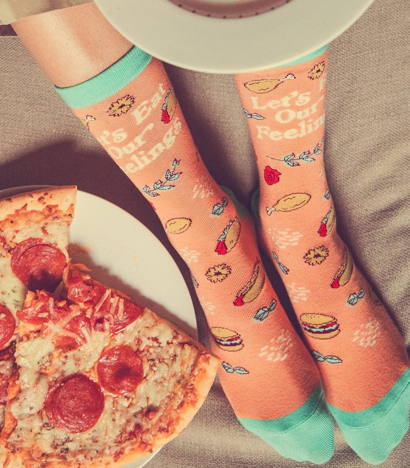 imageWomens Lets Eat Our Feelings Socks Funny Snacks Junk Food Hot Dog Pizza Cheeseburger Footwear
