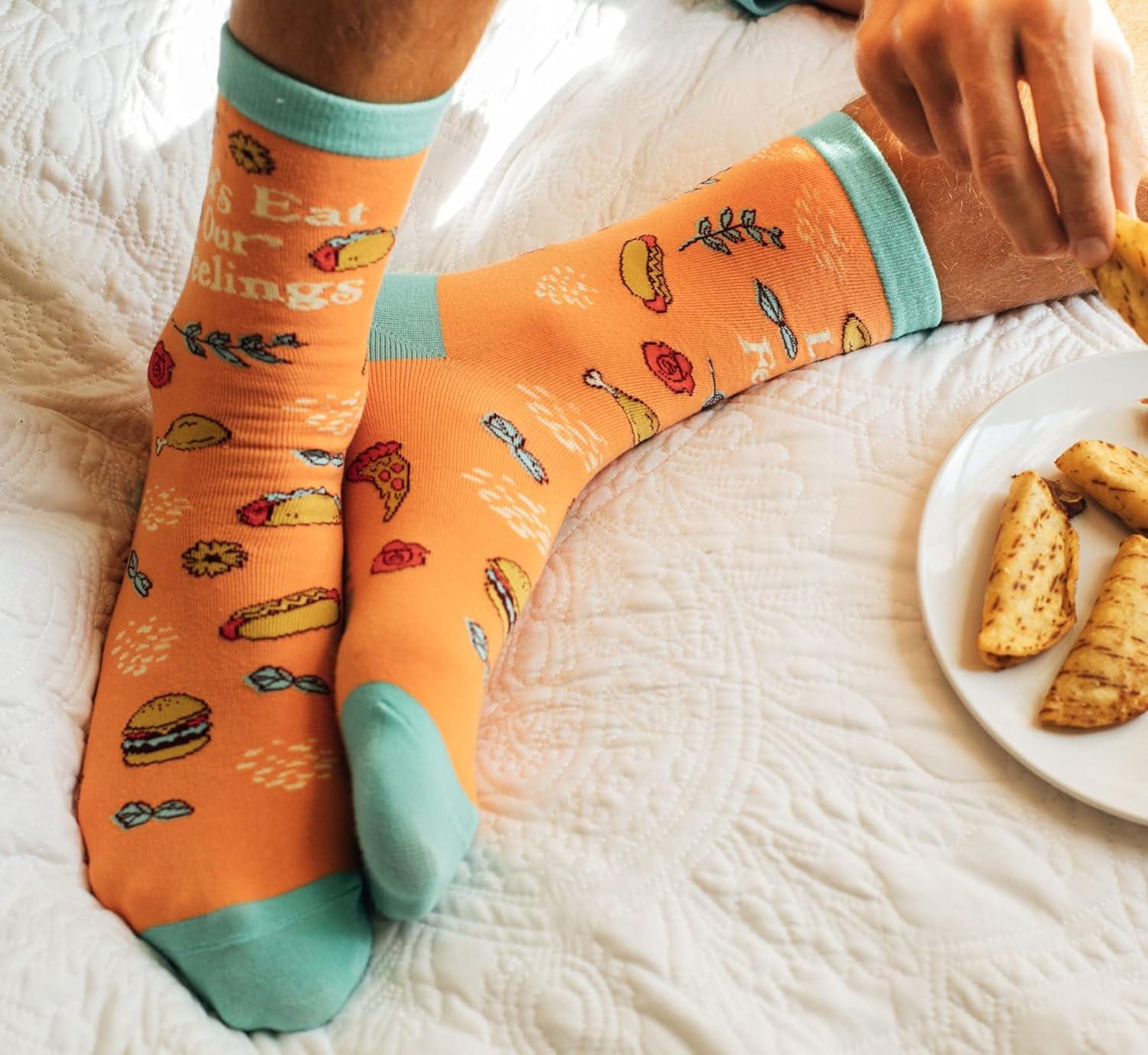 imageWomens Lets Eat Our Feelings Socks Funny Snacks Junk Food Hot Dog Pizza Cheeseburger Footwear