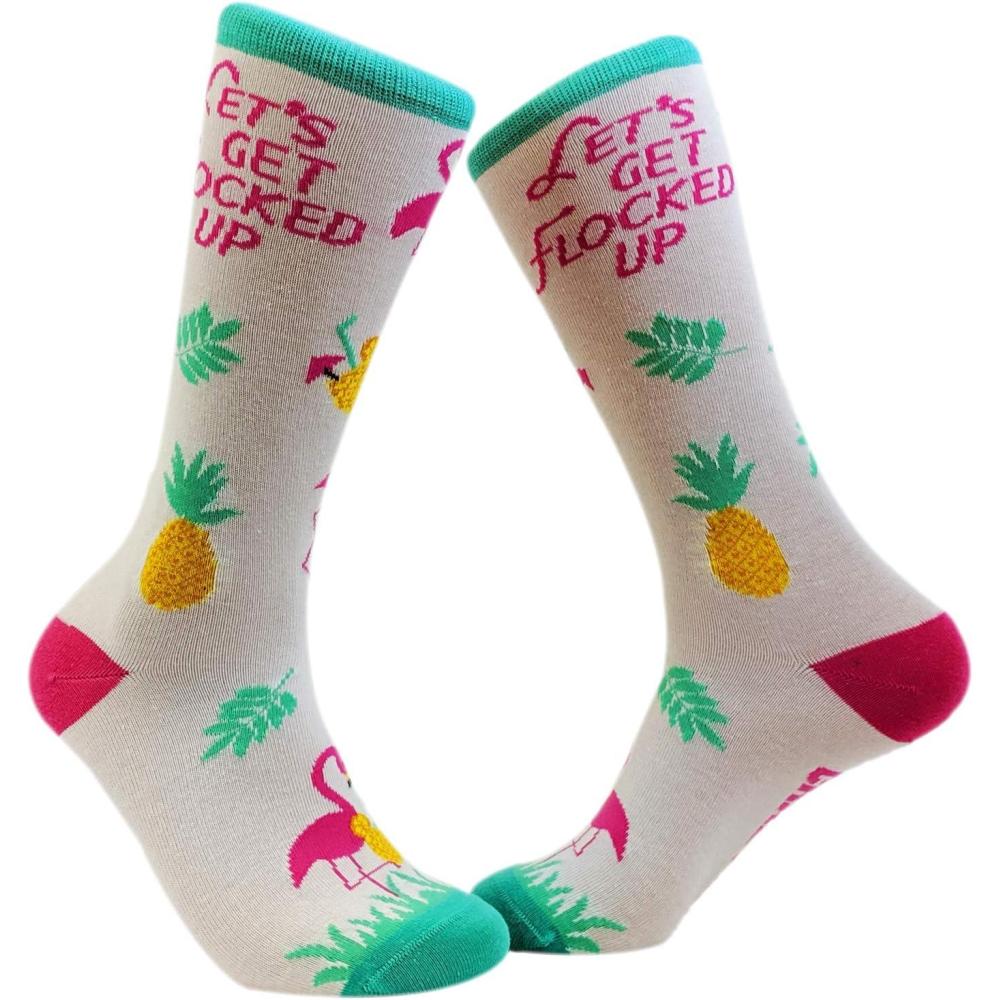 imageCrazy Dog TShirts Funny Flamingo Socks for Women  Lets Get Flocked Up Tropical Crew Socks  Pineapple and Palm Leaf Design  Cute Vacation Novelty Footwear for Summer Beach and Animal Lovers