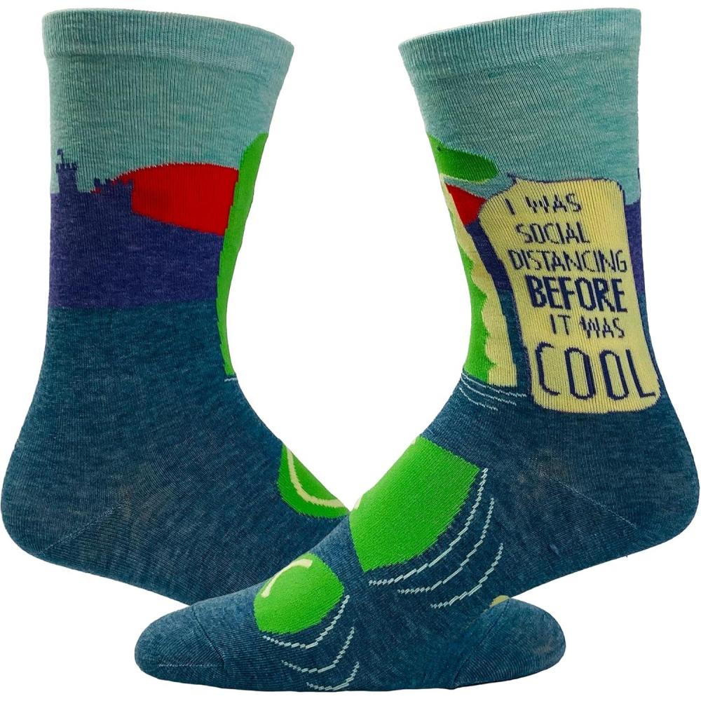 imageCrazy Dog TShirts Funny Loch Ness Monster Socks for Women I Was Social Distancing Before It Was Cool Quote Blue Green Novelty Crew Socks with Nessie Graphic for Quarantine Humor