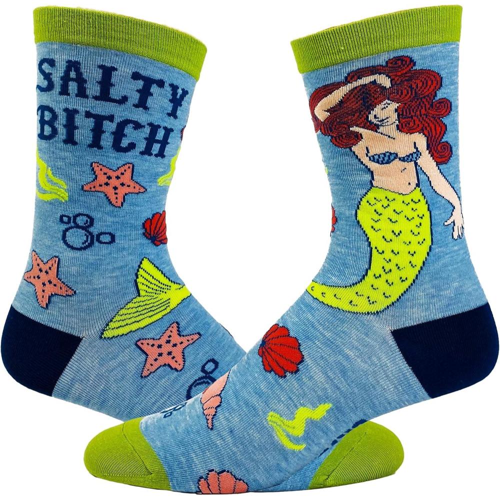imageCrazy Dog TShirts Funny Mermaid Crew Socks for Women Salty Bitch Novelty OceanThemed Cotton Socks Beach Lover Gift with Starfish amp Shells