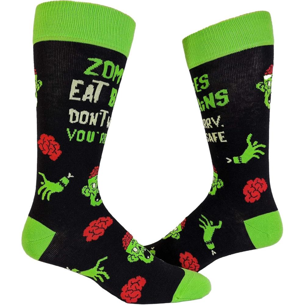 imageCrazy Dog TShirts Mens Halloween Socks Funny Spooky October Fall FootwearZombies Eat Brains