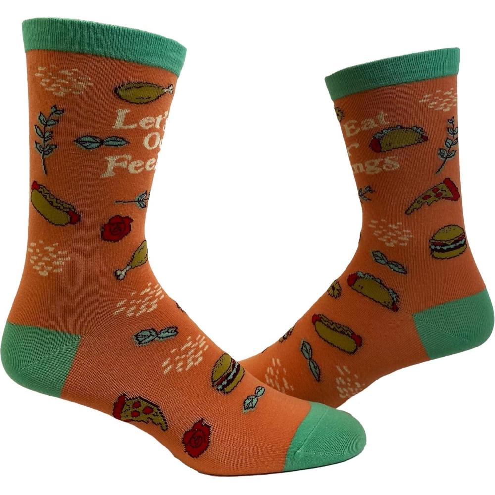 imageWomens Lets Eat Our Feelings Socks Funny Snacks Junk Food Hot Dog Pizza Cheeseburger Footwear