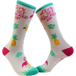 Crazy Dog T-Shirts Funny Flamingo Socks for Women – Lets Get Flocked Up Tropical Crew Socks – Pineapple and Palm Leaf Design – Cute Vacation Novelty Footwear for Summer Beach and Animal Lovers