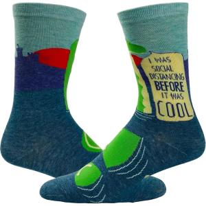Crazy Dog T-Shirts Funny Loch Ness Monster Socks for Women – I Was Social Distancing Before It Was Cool Quote – Blue Green Novelty Crew Socks with Nessie Graphic for Quarantine Humor