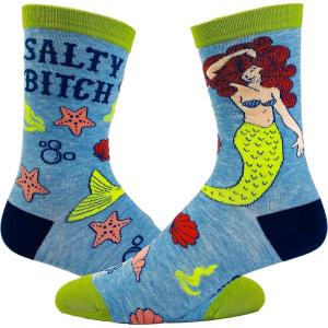 Crazy Dog T-Shirts Funny Mermaid Crew Socks for Women – Salty Bitch Novelty Ocean-Themed Cotton Socks – Beach Lover Gift with Starfish & Shells